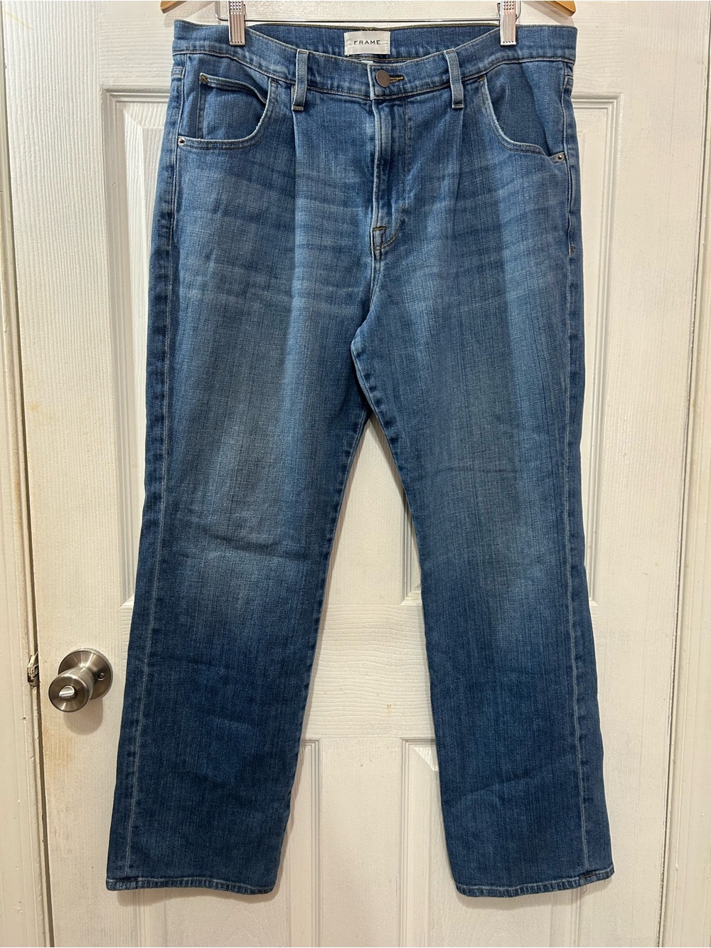 FRAME Barker Pleated Straight Leg Jeans Size 31 Medium Wash High Rise Denim USA